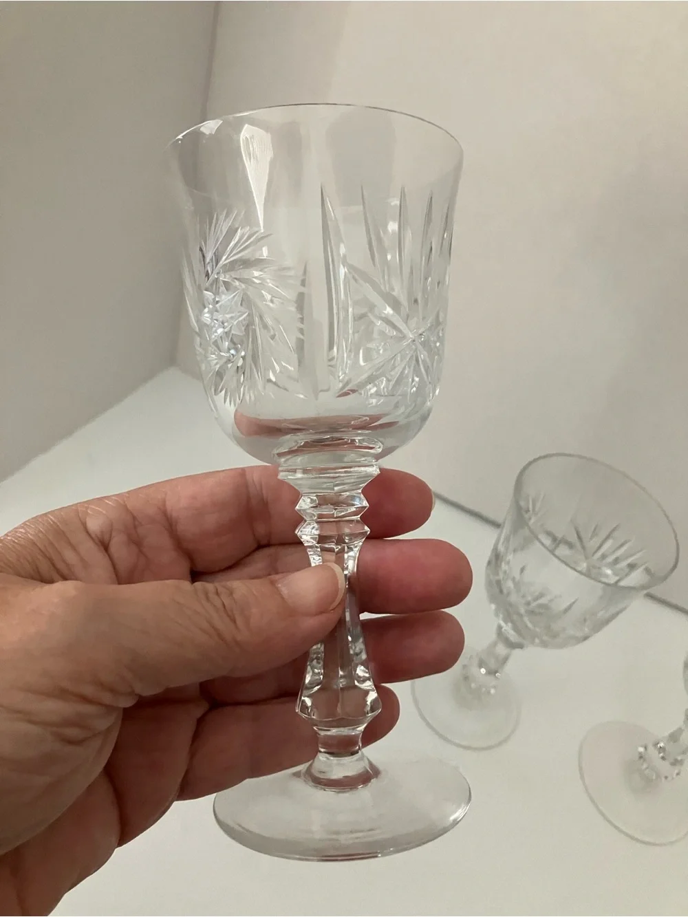 Vintage Czech Bohemian Etched Clear Crystal Wine Goblets - Set of 3